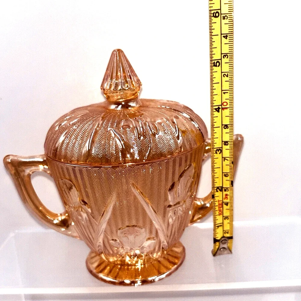 Jeanette Glass IRIS & HERRINGBONE Marigold Iridescent Footed Sugar Bowl Lid EUC